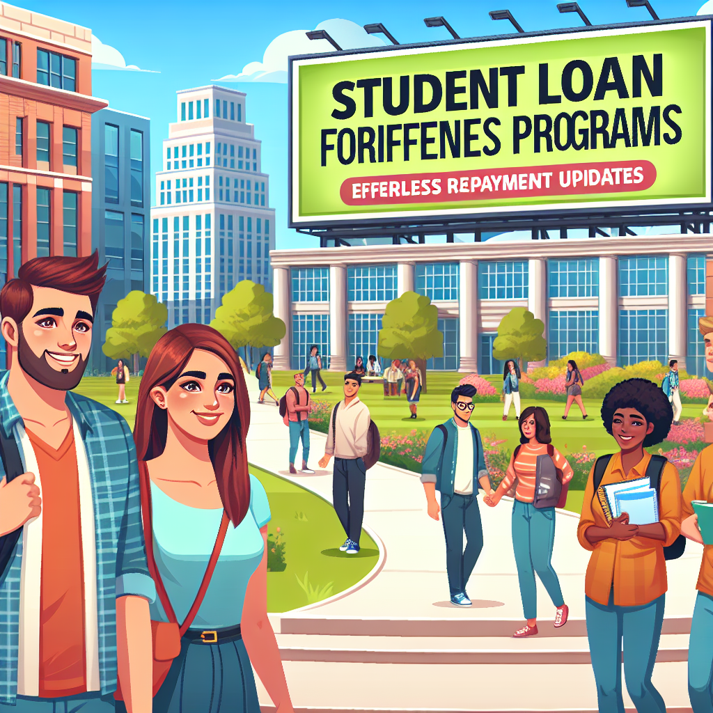Picture a detailed scene of a college campus. Students of diverse races and genders are congregated, with the main focus on a female Middle-Eastern student and a male Hispanic student who are looking relieved and happy. Behind them is a large billboard bearing the message 'Student Loan Forgiveness Programs: Effortless Repayment Updates' in bold, vibrant colors. Also include different academic buildings, green trees and students strolling in the background.