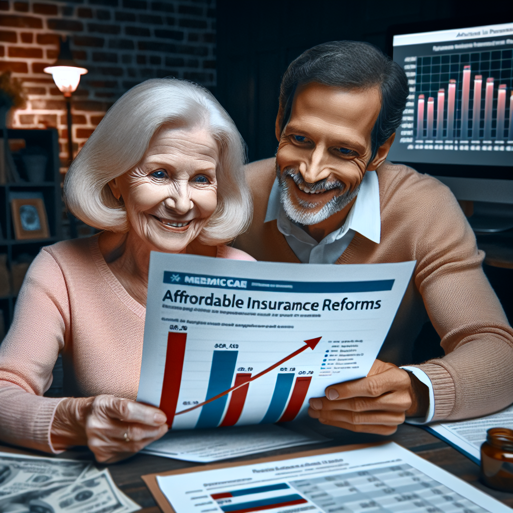 Imagine an elderly Caucasian woman and a middle-aged South Asian man, both with expressions of relief on their faces as they look with gratitude at a document labeled 'Affordable Insurance Reforms'. Their surroundings hint at a homely environment, suggesting that they are reviewing the content of this document in the comfort of their own home. A Medicare logo is prominently displayed on the paperwork beside some graphs showing reduced healthcare costs. In the background, a computer screen shows a progressive bar graph indicating downward medical expense trends.