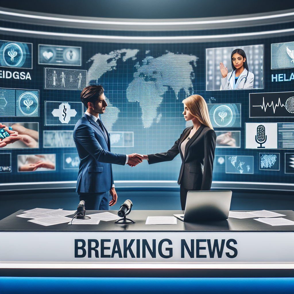 A compelling image showcasing a medical-themed news scene set in a broadcast studio. Include an anonymous news anchor of Hispanic descent, a male, handing over to a health expert of Caucasian descent, a female. They should both be dressed in professional attire and standing around a desk with scattered papers, microphones and a laptop showing health-related statistics. The background should reveal multiple large screens displaying generic news about health advancements and medical breakthroughs. Avoid specifying or showing any particular celebrity's image. Also, incorporate a 'Breaking News' strip at the bottom of the design.