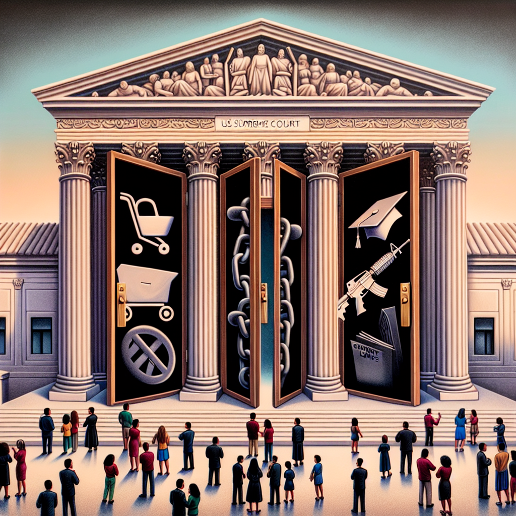 A symbolic representation of the US Supreme Court building with three doors at the front. Each door has an emblem symbolizing different social issues: abortion represented by a baby stroller, gun laws represented by a crossed-out gun, and student loans represented by a graduation cap entangled in chain links. The doors open to reveal shadowy interiors, reflecting the complexity and reverberating impact of their legislative decisions. The surrounding area is filled with diverse groups of people in anticipation, embodying different races, genders, and occupations, discussing these poignant issues. There is a mood of solemnity and expectation in the air.