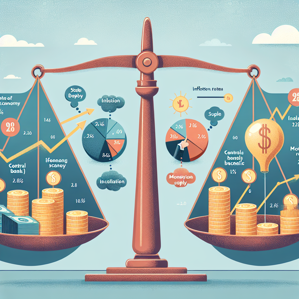 An enlightening illustration showing different factors that influence the decisions made by central banks related to interest rates. On one side, show a metaphorical scale balancing factors such as the state of the economy, inflation rates, and money supply. On the other side, depict a symbolic representation of a central bank, with thought bubbles around it, highlighting critical decisions related to interest rates. To represent inflation, a rising balloon can be used. All elements should be presented in an infographic style.