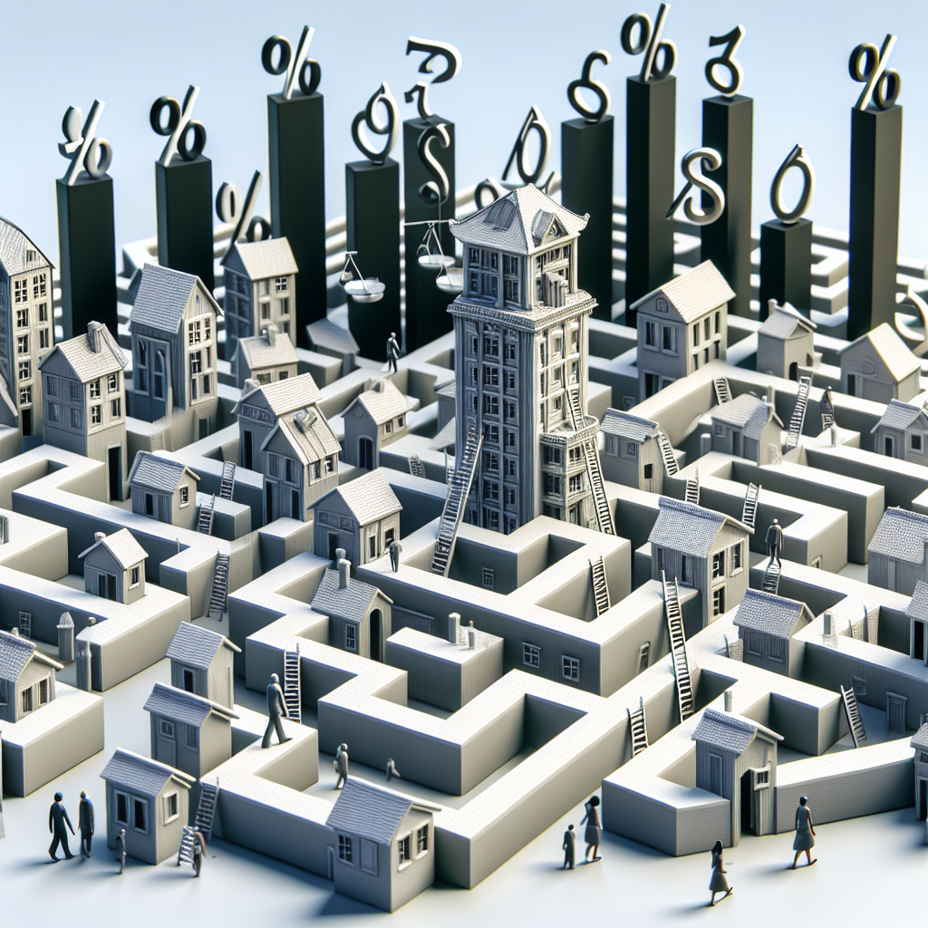 Visualize an image of a detailed, intricate labyrinth made of houses of different architectural styles, representing the complex US housing market. Rising above this maze are towering number percentages, mimicking the shape of skyscrapers, symbolizing increasing mortgage rates. Black and white arrows hover around the labyrinth, with some pointing upwards, showing the rise, while others create a path through the maze, representing various strategies. A scale, indicating the balance between risk and reward, is subtly incorporated into the architecture of the labyrinth. Ensuring an inclusive representation, include a diverse crowd of people navigating the maze including an Asian woman, a Black man, a Hispanic man and a Middle-Eastern woman.