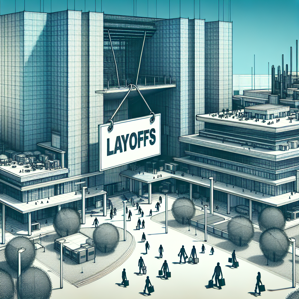 An abstract interpretation depicting the campus of a giant tech company, with a sign hanging loosely on an imposing futuristic building that reads 'Layoffs'. Around the complex, people walk with bags and boxes, implying that they've packed their belongings. Incorporate elements typically associated with technology companies like distinctive architecture, cutting-edge technology, and spaces filled with high-end amenities. Make sure to not directly reference any specific tech company.