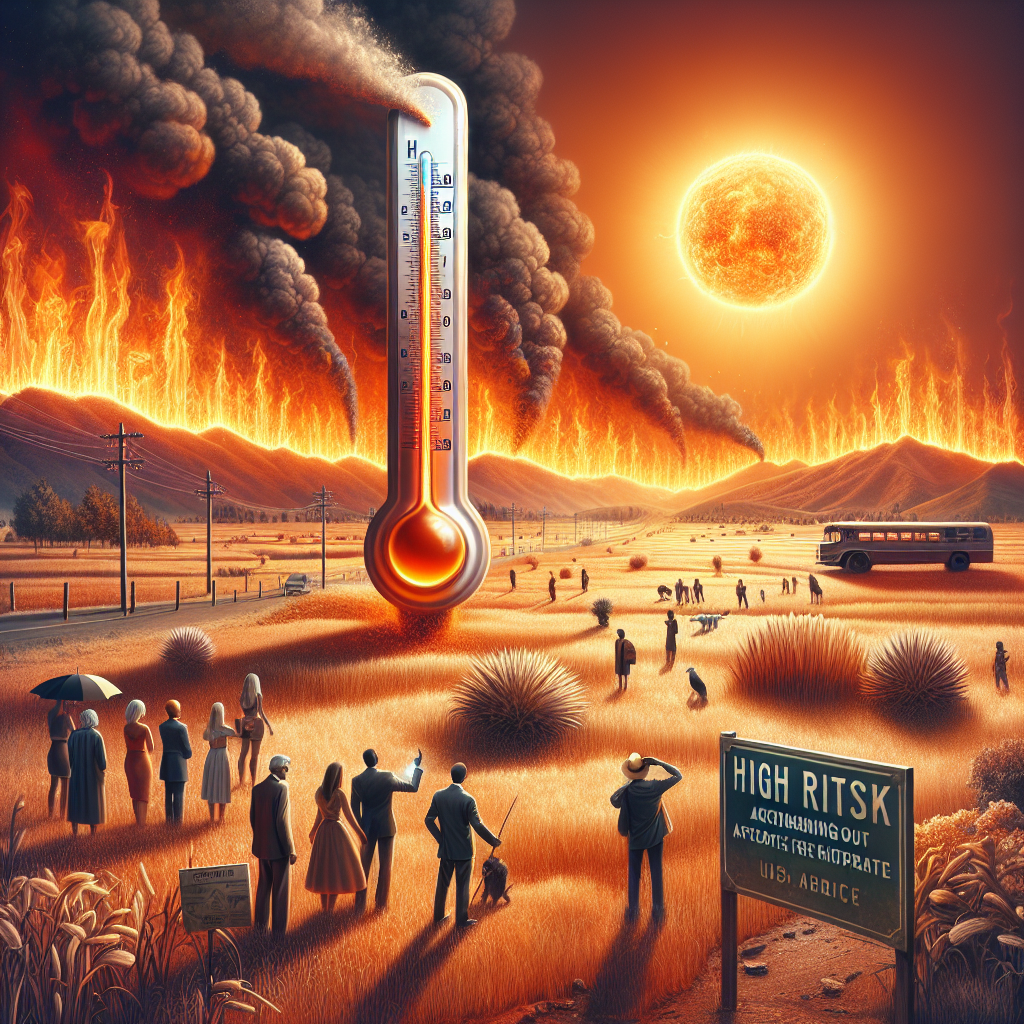 Create an image depicting a scene of blistering heatwaves. Display mercury bursting out of a thermometer due to the extreme high temperature. Also, in the background, show a vast landscape of dry vegetation. A smoky orange sky languidly hangs overhead, casting a fiery glow on the brittle grass and trees, indicating the onset of a wildfire. In the foreground, include a signboard warning of high fire risk due to extreme heat. Lastly, on one side of the image include a diverse group of people of different descents and genders looking worried, representing the impacted US populace.