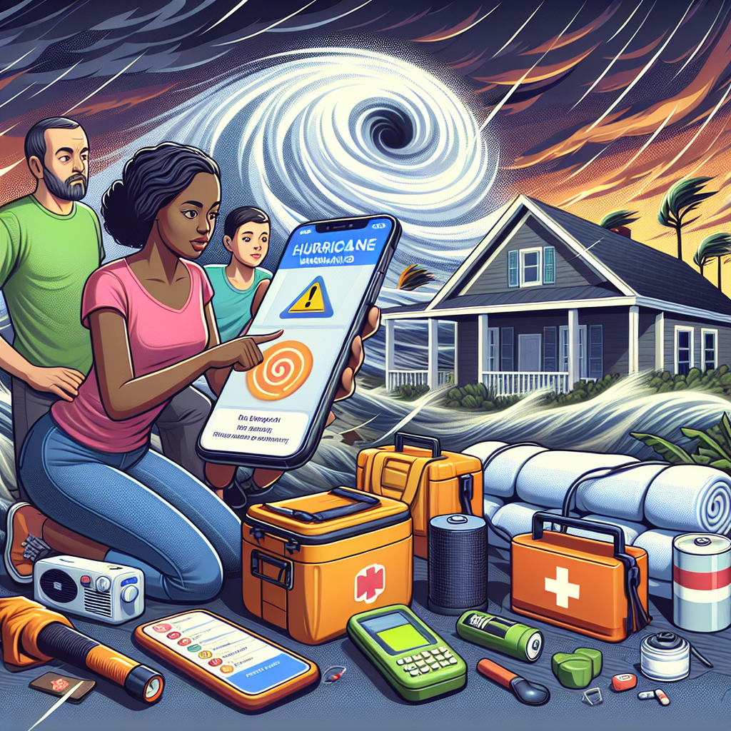 An image showing a hurricane preparedness scene. In the foreground, an African-American woman using a weather prediction app on her smartphone, a Hispanic man double-checking the emergency equipment such as flashlights, batteries, radio, and first-aid kits, and a Caucasian teenager helping in positioning sand bags. The background should convey an ominous sky indicating an approaching hurricane with strong winds causing the trees to bend. In the corner, depict a vividly colored hurricane warning alert symbol to symbolize the importance of being prepared during the hurricane season.
