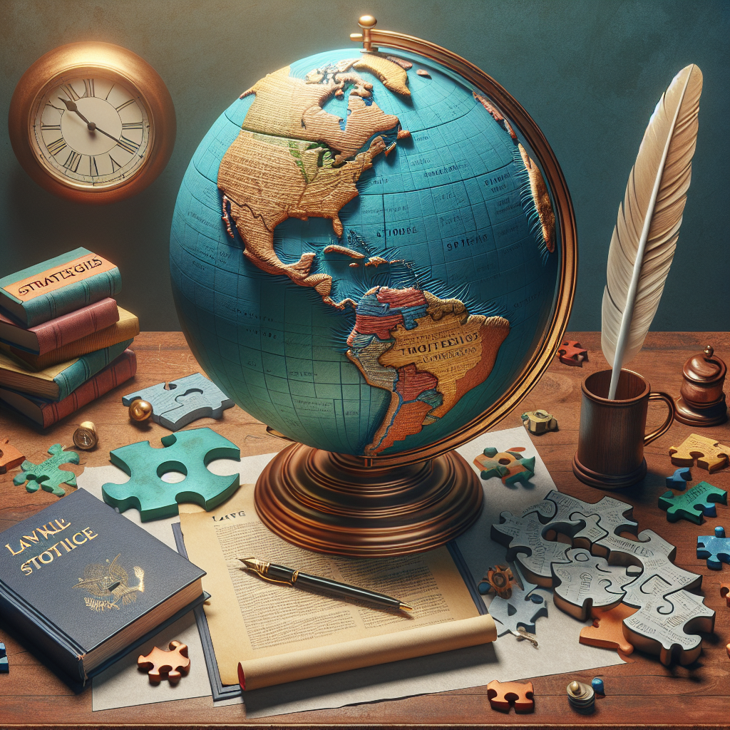 An image depicting a large, physical globe on a wooden desk surrounded by symbolic elements related to immigration policy changes. At one side of the globe should be an open book with various pages showing words such as 'strategies', 'changes', and 'policy'. On the other side of the globe, there's a parchment with a feather pen signifying law making. Scattered on the desk are puzzle pieces, symbolizing the complexities of these strategies. A clock is also present to represent time and effort. The colors should be vibrant enough to evoke a sense of urgency and importance.