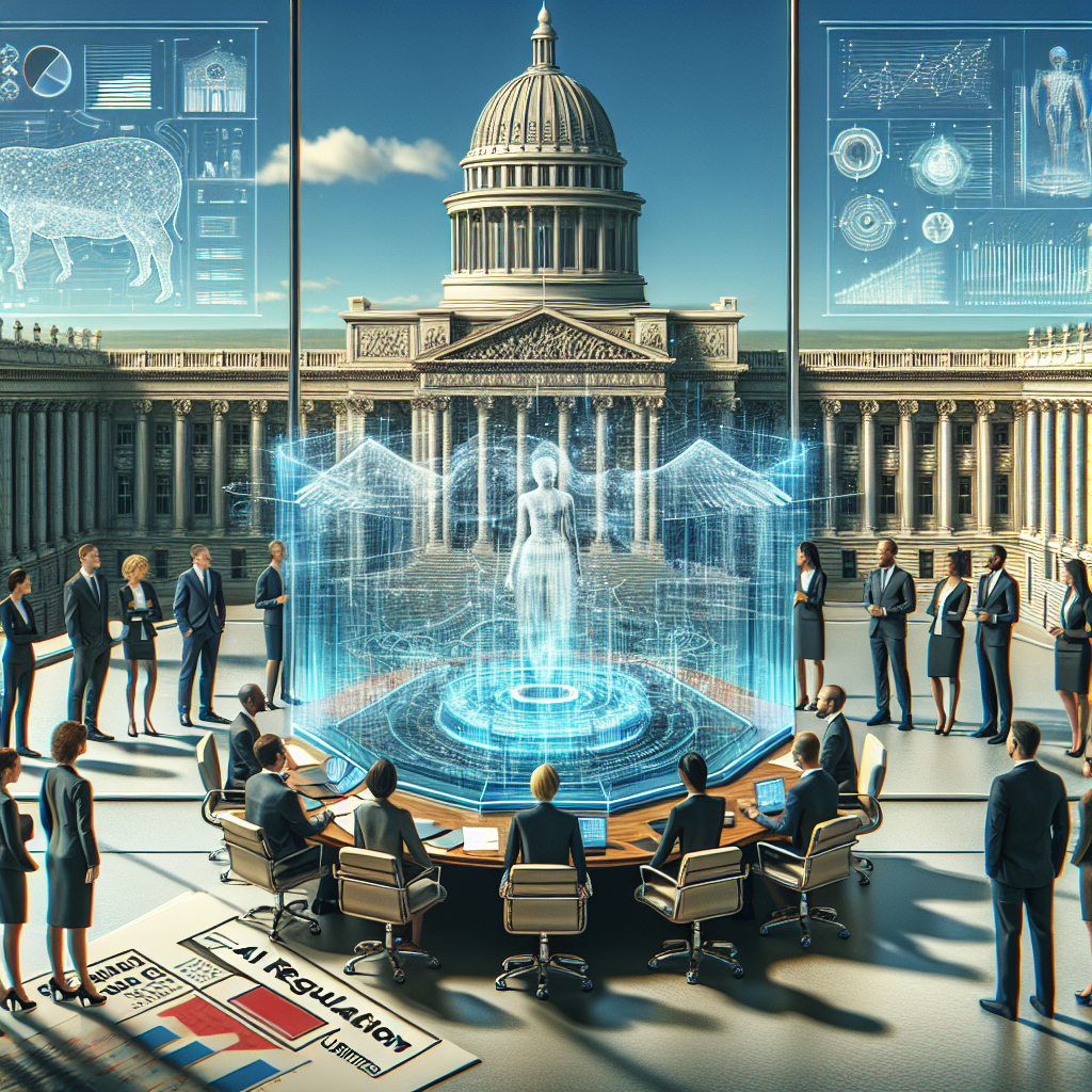 A detailed scene is composed of a large, stately building that bears similarity to a traditional seat of government, such as an ornate capitol building, standing against a clear blue sky. Several people in formal attire, suggesting professionals from diverse backgrounds in terms of gender and descent (such as Asian, Caucasian, and African), are engaged in conversation around a large, glass roundtable. They are viewing a holographic projection of complex graphs, charts, and code, symbols representing AI technology. The table is cluttered with documents and laptops. On the foreground, a paper headline reads: 'AI Regulation: Essential Updates'.