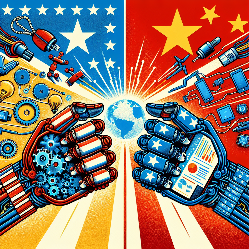 A conceptual illustration representing the idea of tech tensions between the United States and China. Visualize it as two robotic arms, each bearing the symbolic elements of their nations, engaging in a tight competition while holding tech-related items. One arm could be coloured blue and feature stars and stripes to represent the US. The other arm could be colored red and have stars to symbolize China. The tech items could be gears, light bulbs, digital tablets, and circuit boards. In the middle, let's have a radiant digital globe that symbolizes the global tech world they are influencing.