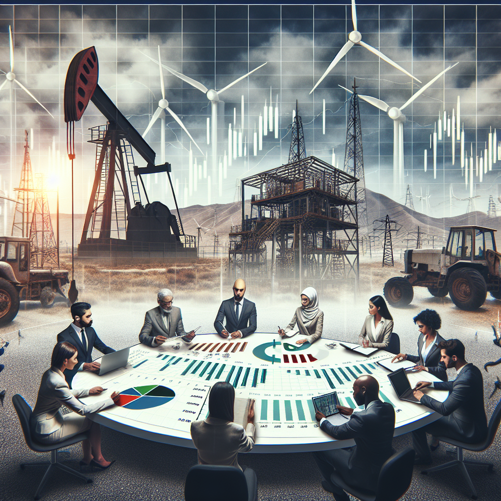 A thoughtfully designed financial chart displaying the predicted fluctuating gas prices amidst a backdrop representing the US Energy Shift. The backdrop should include a mix of traditional oil derricks and modern wind turbines to symbolize the transition. In the foreground, there should be a diverse selection of individuals actively engaging in the study, discussion and strategizing around the chart. The gender and ethnic composition should be varied: a Middle-Eastern woman, a Hispanic man, a Caucasian woman, and an African man.