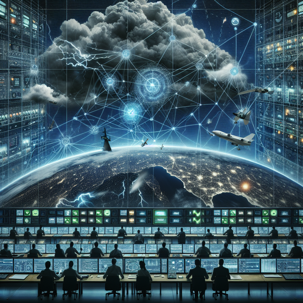 A detailed illustration of an expansive power grid spreading across a nation, represented as interconnected glowing lines. Overhead, a storm is brewing with threatening, dark clouds and flashes of lightning - a symbol for impending power grid failure risks. In the bottom half of the illustration, a control room filled with engineers of various descents and genders are at work. They are busily monitoring screens, adjusting dials and consulting diagrams, manifesting the vital measures taken to prevent a nationwide blackout. The atmosphere is tense, yet hopeful.