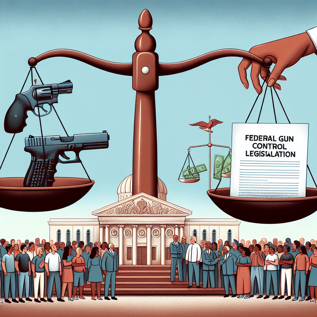 An illustration depicting the theme of Federal Gun Control Legislation as an effortless solution to gun violence. Display a balanced scale, with one side holding a hand gun, and the other side holding a document titled 'Federal Gun Control Legislation'. The scale is tipping towards the legislation. In the background, a diverse crowd of people from different descents and genders are looking on. Please include elements such as a court building or legislative assembly behind the crowd, representing the law and order. Ensure the overall tone of the image is hopeful and peaceful.