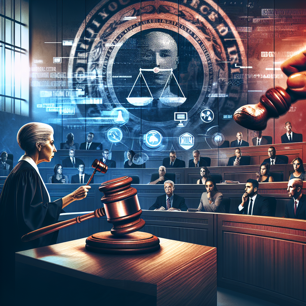 A dramatic courtroom scene incorporating elements of high-profile criminal trials. In the foreground is a logo-filled backdrop indicating the theme: unveiling the latest verdicts. The central focus of the image is a stately judge's gavel coming down with a bang. A stern, focused Hispanic female judge is shown at her desk in the act of delivering the verdict. A Caucasian male lawyer is presenting evidence to a diversified jury pool. The atmosphere is tense, with spectators in the audience, reflecting a wide range of reactions. A news ticker at the bottom of the image hints at the latest verdict outcomes.