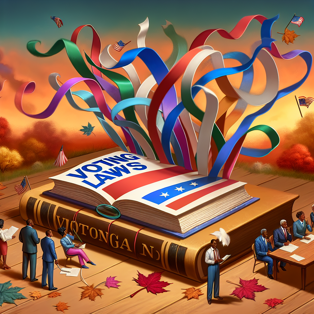 Illustrate an abstract concept of voting law changes in the United States, where a giant symbolic book titled 'Voting Laws' sits open on a large wooden desk. The book spills out an array of colorful ribbons symbolizing variations. Surround the desk with an environment indicating aftermath, like a handful of falling autumn leaves or a sunset. Also include diverse individuals, such as a Black female examining the book with a magnifying glass, a Hispanic male taking notes, and a Middle-Eastern woman floating on one of the ribbons, reading it. No recognizable landmarks or politicians.