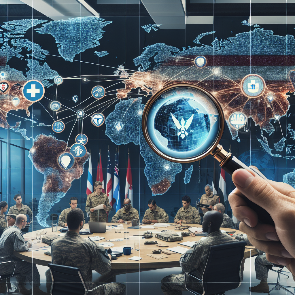 An image of a global map with various strategic locations highlighted and connected by dotted lines, symbolising US military aid routes. There are icons representing different aid resources such as medical supplies, troop deployments, and military vehicles. Next to the map is a magnifying glass focusing on the US, depicting its central role. On a side, a multiethnic group of men and women in military uniforms are having a meeting, discussing strategies around a table with documents spread out. The setting is a well-lit office with flags of different countries displayed on the walls.
