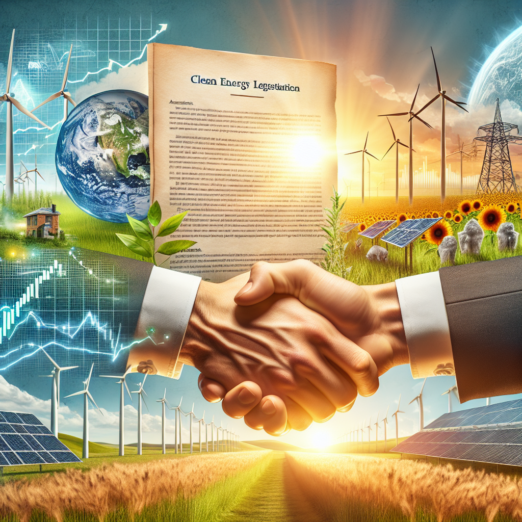 An image representing the concept of clean energy investments. In the foreground, a detailed illustration of hands shaking in agreement upon a paper document titled 'Climate Change Legislation'. The background is alive with symbols of renewable power sources: wind turbines spinning on a vast field, solar panels gleaming under the radiant sun, and a hydropower plant nestled near a mighty river. The scene is a bright, optimistic day, illustrating the hope and progress generated by these investments. A bar graph to the side shows a positive trend, depicting the successful return on these investments.