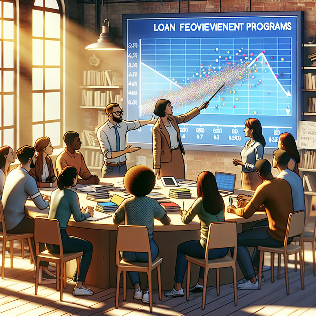Visualize a scene where an ethnically diverse group of young students of various genders are gathered around a large table. They are engaged in a discussion with an older professional who is providing guidance on loan repayment. The professional points confidently to a large scatter plot graph displayed on a white board, showing different loan forgiveness programs and their benefits. The room is filled with rays of sunlight, symbolizing hope. The students are clad in casual attire, and their faces reflect a mix of curiosity, understanding, and relief. Meanwhile, their environment is filled with academic paraphernalia such as books, laptops, and stationery items, giving a subtly bustling vibe to the room.