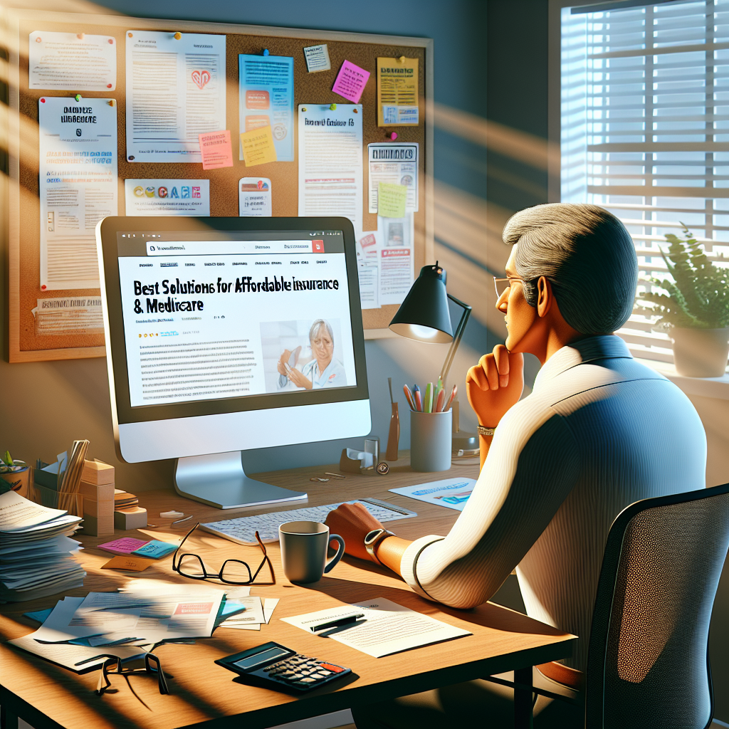 Visualize a scenario where a person is sitting at their home office desk, reading an article on the computer about healthcare costs. The article headline is 'Best Solutions for Affordable Insurance & Medicare'. On the desk around the computer, there are scattered documents, glasses, a coffee mug, and a calculator. The person is a middle-aged South Asian man wearing casual business attire. Above the desk, there's a cork board filled with colorful sticky notes and pamphlets related to healthcare plans. Rays of sunlight filter through a window at the side, lighting up the room warmly.