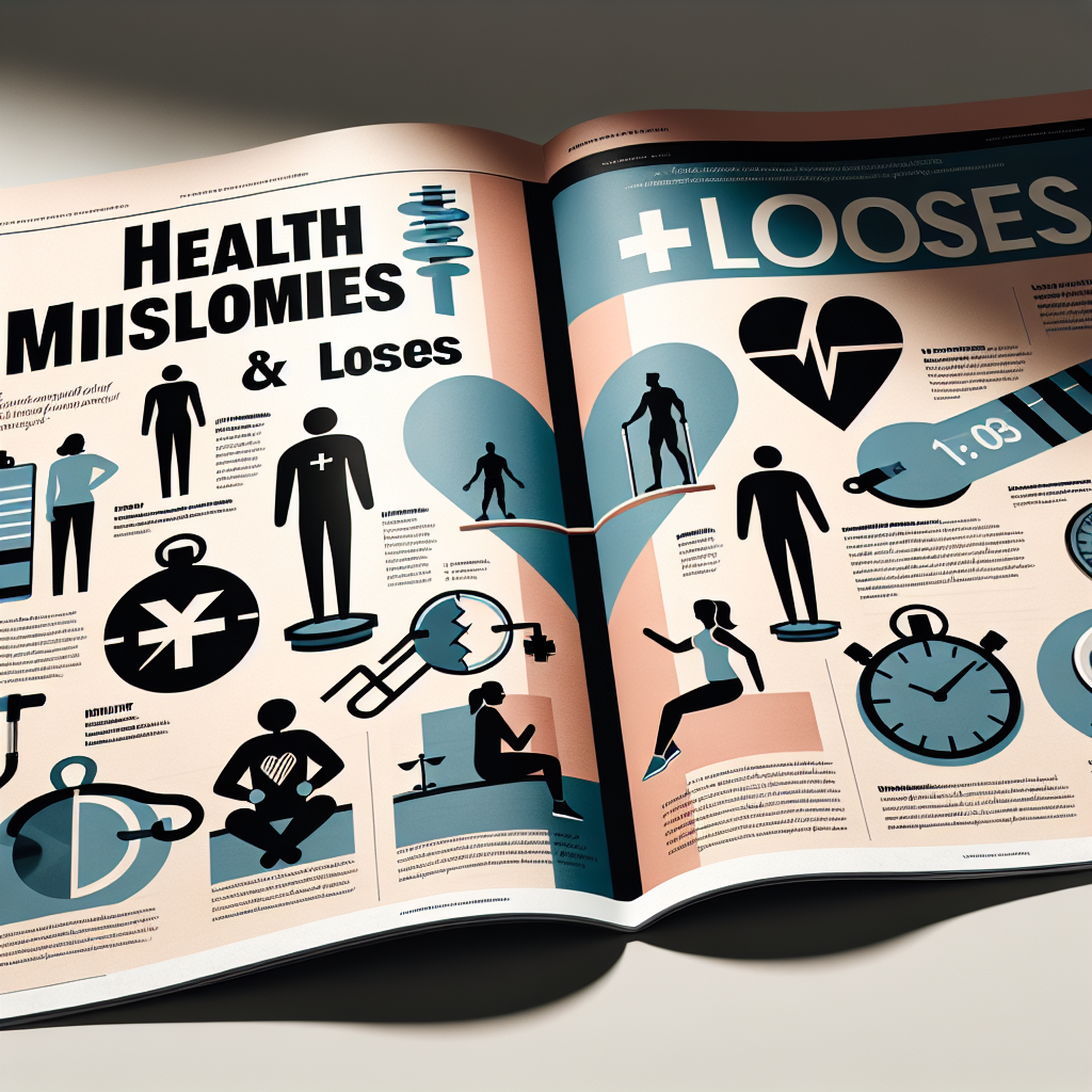An open magazine page featuring headlines about health milestones and losses, depicting generic silhouette figures undergoing various fitness activities and health checks, partnered with a subdued color palette. Highlight a balance scale indicative of a health milestone, a stopwatch representing time-bound achievements, and a breaking heart symbolizing losses. Incorporate symbols such as a stethoscope and cross for the medical aspect. Important to note: all figures and symbols must carry no attached identities to any public figures or celebrities.