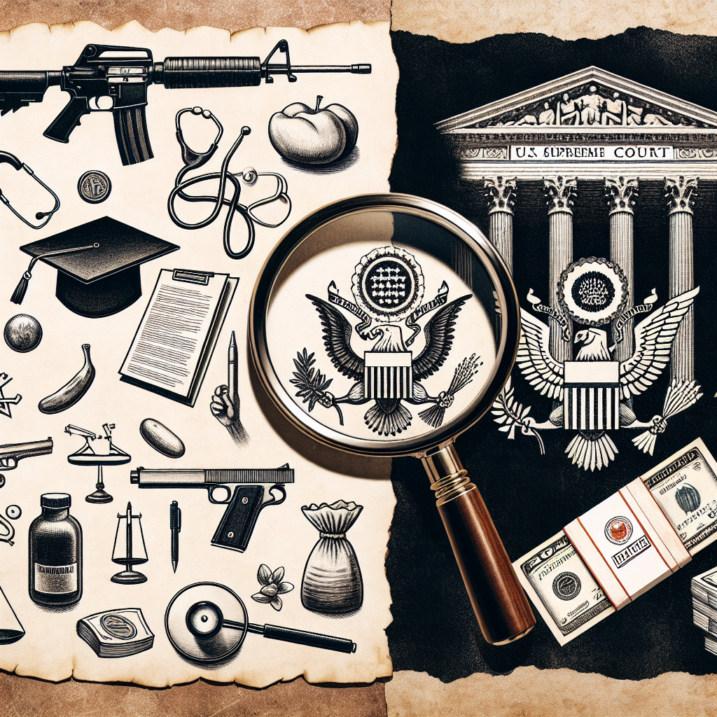 An image illustrating the concept of US Supreme Court rulings analyzed. On one side, an aged piece of parchment featuring sketches of different symbols, like a medical stethoscope symbolizing healthcare decisions, an image of a handgun for gun law discussions, and a depiction of a graduation cap and student loans making a statement on education. On the other side, an emblem of the Supreme Court of the United States. The middle part of the image represents analysis: perhaps a magnifying glass hovering over the parchment, implying detailed examination.