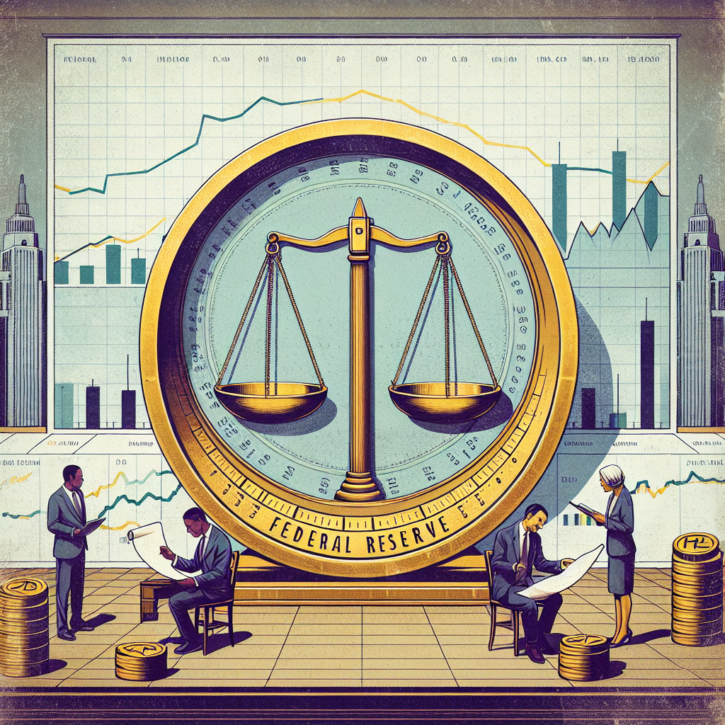 An illustrative display featuring a large, golden ring which represents the Federal Reserve, in the center of the image. On one side of the ring, create a scale with weights symbolizing inflation and deflation. On the other side, depict a financial strategists, an Asian woman and a Black man deep in discussion, reviewing a large scroll that contains various strategies. Create a background symbolizing the economy, such as skyscrapers and stock market graphs. Select a vintage, muted color scheme for a time-honored, serious look.