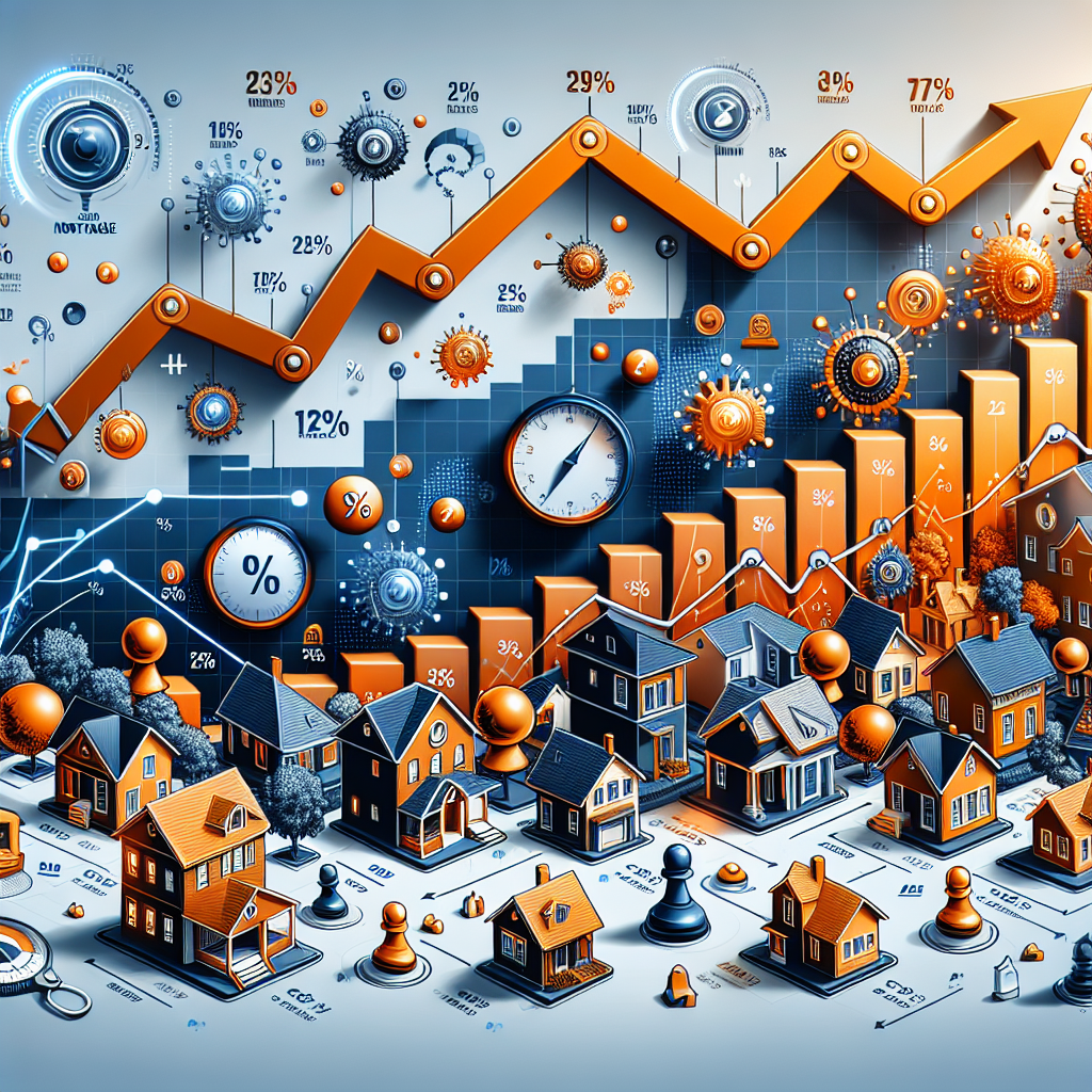 A complex illustration presenting the current stage of the US Housing Market Crisis along rising mortgage rates. Freshly designed icons of residential properties, showing a mix of detached houses, condos, and apartments, all in various shades of orange, signaling the heated market. These flow alongside a rising graph line highlighted in blue to symbolize the increasing mortgage rates, with percentage signs hanging off the line to emphasize the idea. Interspersed among the housing icons are chess pieces, indicating strategies to use in this scenario, and a navigational compass. The image has an educational and economic infographic style.