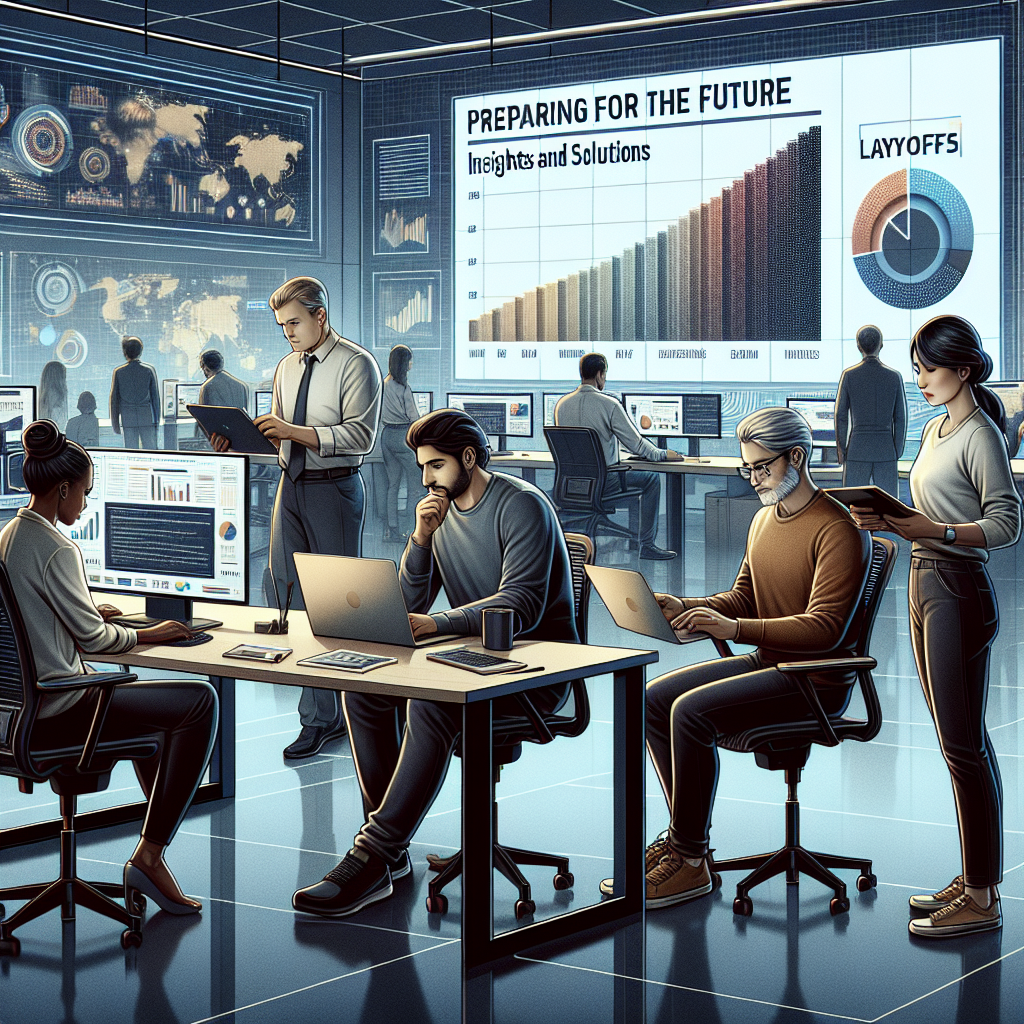 An informative image depicting a diverse group of tech workers in an office environment. Include three individuals - a Caucasian female studying on her laptop, a Middle Eastern male analyzing data on his computer and a Hispanic male having a discussion with his South Asian female colleague. Next to them should be an LED screen displaying a pie chart of layoffs in the tech industry. The atmosphere is solemn, yet hopeful. In the background, add a banner which reads, 'Preparing for the future: Insights and Solutions'. The underlying theme should denote resilience, adaptation, and forward-thinking in the face of adversity.
