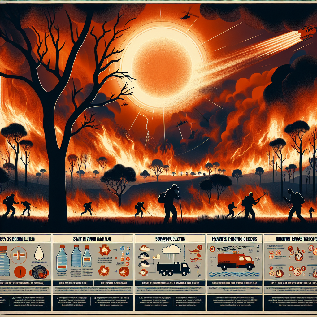 Imagine an intense scene comprising of fierce forest fires under a blistering hot sun. The thick smoke creates an ominous orange sky, and silhouettes of dry trees sway ominously in the harsh winds. In the foreground, an illustrated infographic panel displays critical survival tips such as staying hydrated, wearing sun-protective clothing, and following immediate evacuation orders. The scene also integrates symbols of emergency services like fire trucks, water bombers, and trained personnel in proper firefighting gear energetically tackling the raging flames.