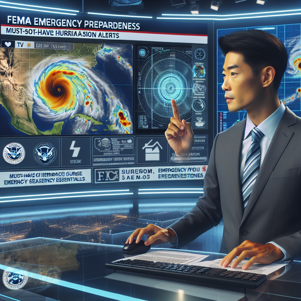 Create an image of a detailed East Asian male meteorologist, in the middle of a TV broadcast in a modern news studio. He displays computer graphics on a big screen showing radar imagery of a large hurricane approaching the coast. The studio background also exhibits the logo for 'FEMA Emergency Preparedness.' Infographics on the side of the screen list 'Must-Have Hurricane Season Alerts' such as storm surge forecasts, evacuation routes, and emergency kit essentials. The entire scene communicates urgency, preparedness, and professionalism.