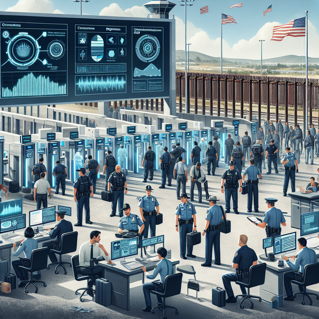 A bustling entry point at the US border, featuring advanced technology: scanners, biometrics, surveillance cameras and computer systems used by uniformed officers. There's a mixture of men and women from various descents such as Caucasian, Hispanic, and Middle-Eastern working as officers. Some officers are observing monitor displaying complex data, while others are checking documents of equally diverse travelers. The background showcases a sturdy barrier fence extending into the distance, with a US flag fluttering above the entry point. Infographics and charts displaying immigration statistics hover in the foreground.