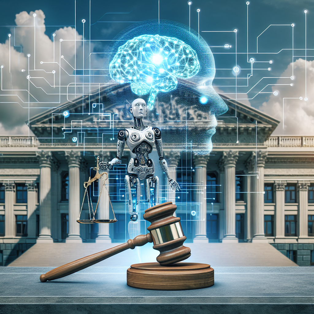 Depict an image representing AI regulation, using a symbol of governance like a gavel or balance scales, coupled with easily recognizable symbols of artificial intelligence like a futuristic-looking robot, circuit patterns or a brain made of light. In the background, show an interpretation of a stately building that doesn't represent a specific real-world place. The scene should have a serious and professional atmosphere, under a clear or partially cloudy sky.