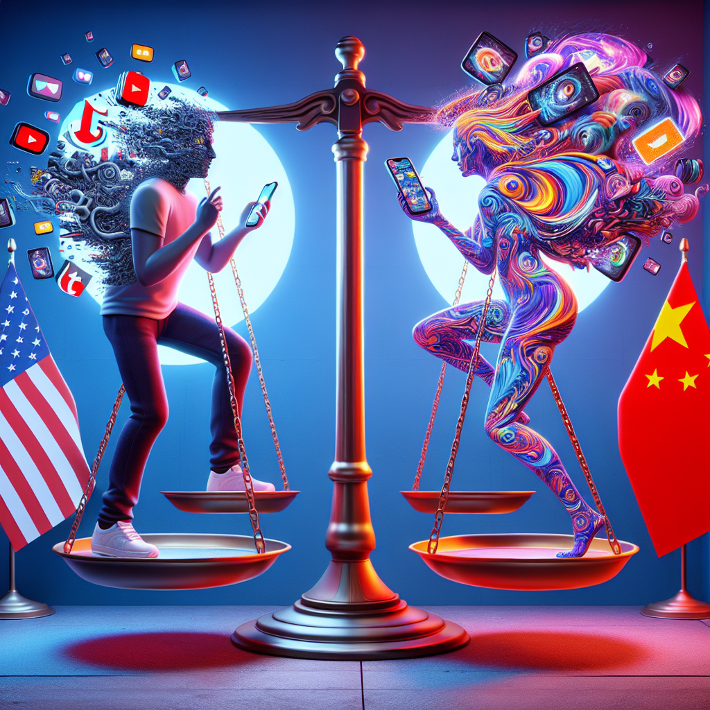 A pair of metaphoric figures engaged in a lively debate on a symbolic stage. On one side is a representative avatar embodying the essence of TikTok, characterized by a trendy mobile phone with a vibrant, dynamic holographic display showcasing short videos. On the other is a figure made up of swirling, tension-filled images, symbolizing the clamor of tech tensions. The backdrop is adorned with flags alluding to US and China, the stars and the dragon emblematically. Above them, a big digitalized scale, symbolizing balance, is tipped in uncertainty.