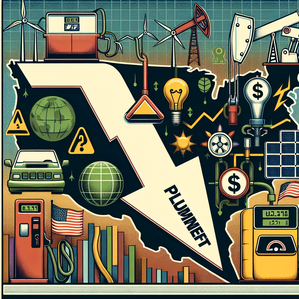 Consider an image illustrating a financial newspaper article about falling gas prices influenced by changes in U.S. energy policy. In the center, a large, downward-pointing arrow with the word 'Plummet' written on it. Also, visualize various energy symbols like gas pump, wind turbine, solar panel, and oil rig. The background could be an abstract representation of a stylized US roadmap or a grid, symbolizing interconnected energy networks. Use colors suggestive of finance and energy, such as green for renewable resources, and dark browns and blacks for fossil fuels.