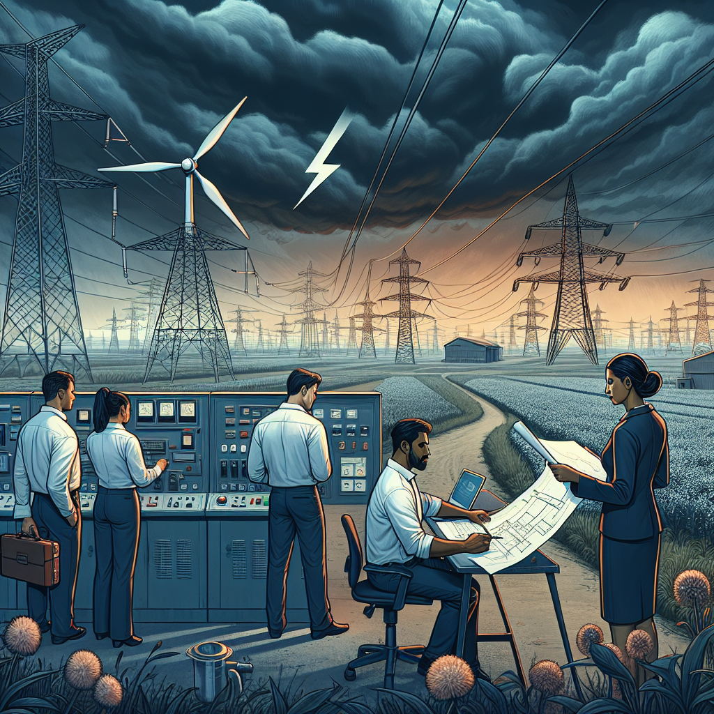 Illustrate a scene showing a vast landscape with power transmission lines stretching into the horizon and a diversity of professional engineers of different genders and ethnicities working diligently towards disaster management. The sky is ominous depicting an impending power outage. In the foreground, imagine a South Asian male engineer consulting a blueprint while a Black female engineer manages the control panel. Their expressions show determination to counteract the imminent grid failure risk. A symbol of sustainable energy, perhaps a windmill or a solar panel, stands in the distance suggesting the solution to preventing nationwide blackouts.