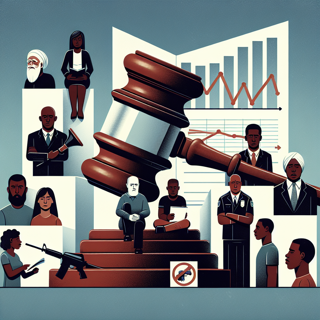 Create an informative visual representation showcasing the theme of 'Effective Strategies to Combat Gun Violence.' This depiction should include a large, sturdy gavel symbolizing law and order, resting on a stack of documents that represent gun control legislation. Around these central figures, illustrate diverse set of people showing different reactions like concern, support or disagreement, reflecting the various viewpoints in society, such as a Black male activist, a Middle Eastern female attorney, a Hispanic male police officer, and a Caucasian female victim. Also, include a chart or graph demonstrating reduced rates of gun violence due to the legislation.