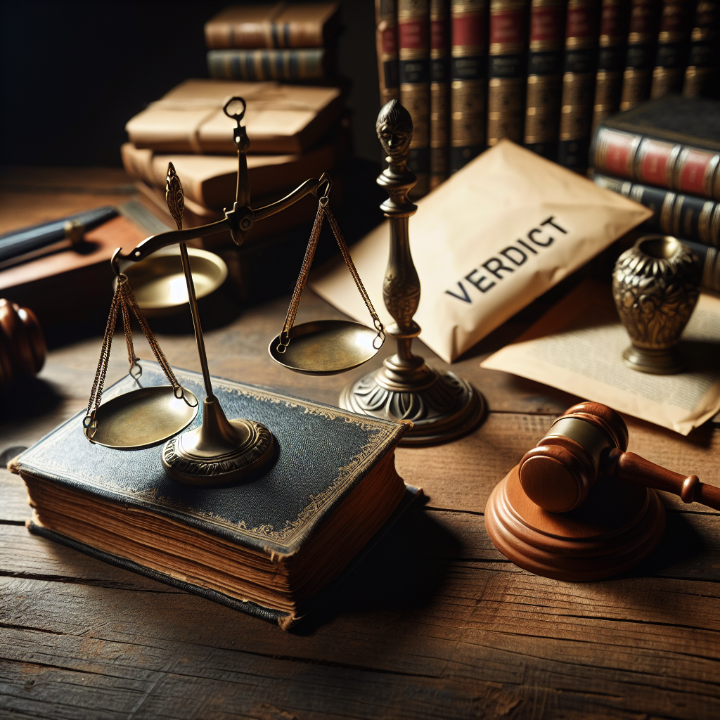 A close up of a set of scales, traditionally symbolizing justice, on an antique wooden table. To the side, a worn out legal book is slightly open, its pages filled with dense text about criminal law. In the background, a gavel rests on a table beside it. Placed further are several unopened envelopes, each labeled with 'Verdict'. The setting should convey an atmosphere of suspense and gravity reflective of high-stakes criminal trials. Embody the essence of the legal spirit in the representation.