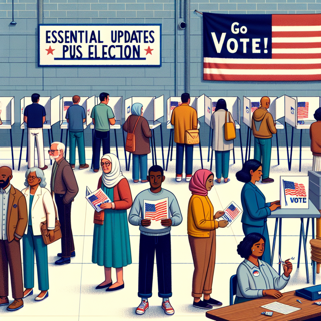 Illustration of American citizens from different descents including Caucasian, Hispanic, Black, Middle-Eastern, and South Asian waiting in line to cast their votes. Everyone holds a brochure titled 'Essential Updates Post US Election'. The scene occurs in a school gymnasium that has been temporarily converted into a polling place, with volunteer staff from both genders assisting voters. At the back of the room, a large banner proclaims ‘Go Vote!’ is hung.