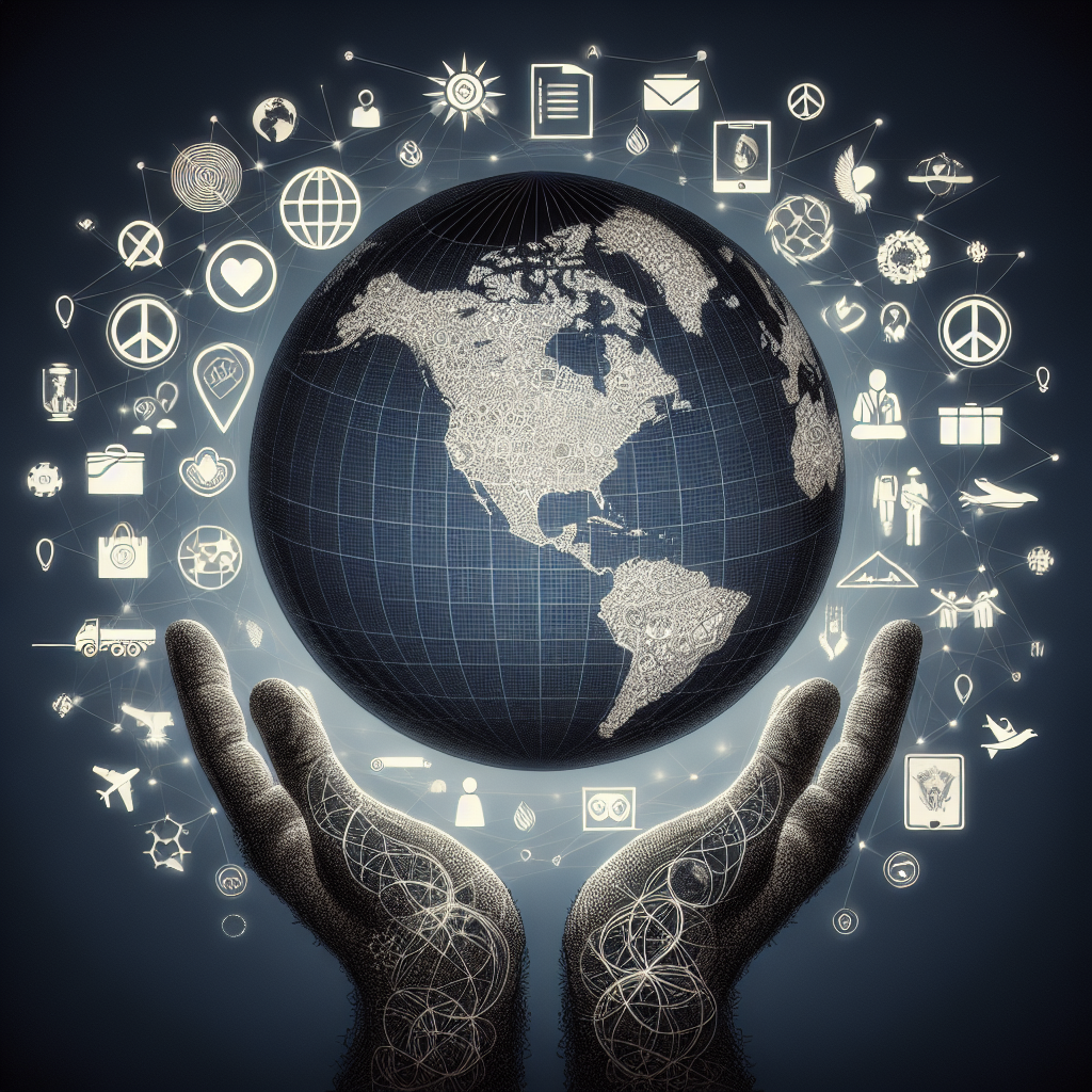 A conceptual representation of global security: Picture a globe surrounded by various symbols representing peace, cooperation and safety. Adjacent to it, imagine a simplified representation of the United States, perhaps through an outline of the country map. Within this, visuals implying aid, such as packs of supplies or hands offering help. Across the image visualize smooth connections, possible through lines or roads, suggesting decisions and policies being made. However, no real people or military equipment should be in the image to keep it conceptual.