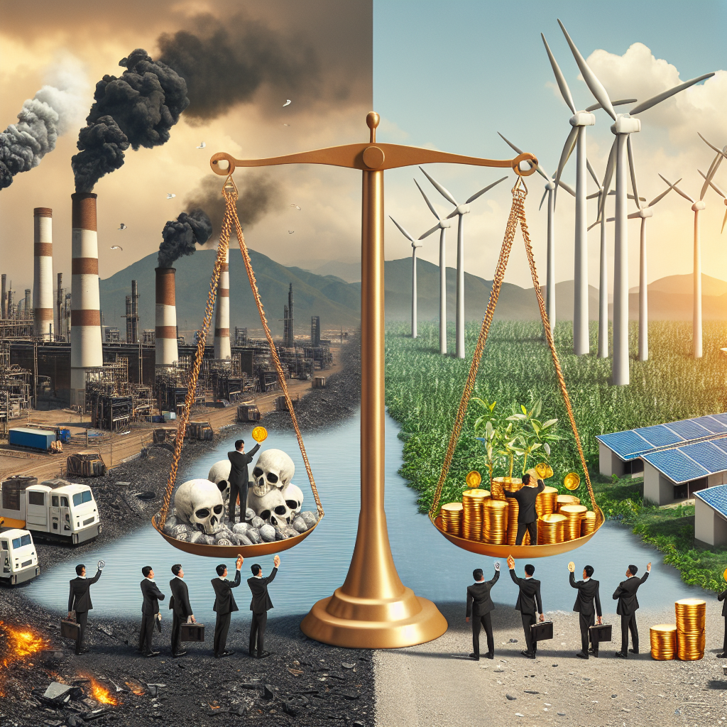 Create an environmentally themed image illustrating the concept of clean energy investments at work. A contrasting scene showing the transition between traditional energy sources and renewable alternatives could be interesting, with smoke-belching factories and gas stations on one side while wind turbines, solar panels, biomass plant and hydroelectric dams on the other. On the foreground, a set of scales featuring these two sides is being tilt favorably towards green energy by figures of different ethnicities (Asian, Caucasian and Black) dressed in business attire who are strategically placing golden coins on the renewable energy side.
