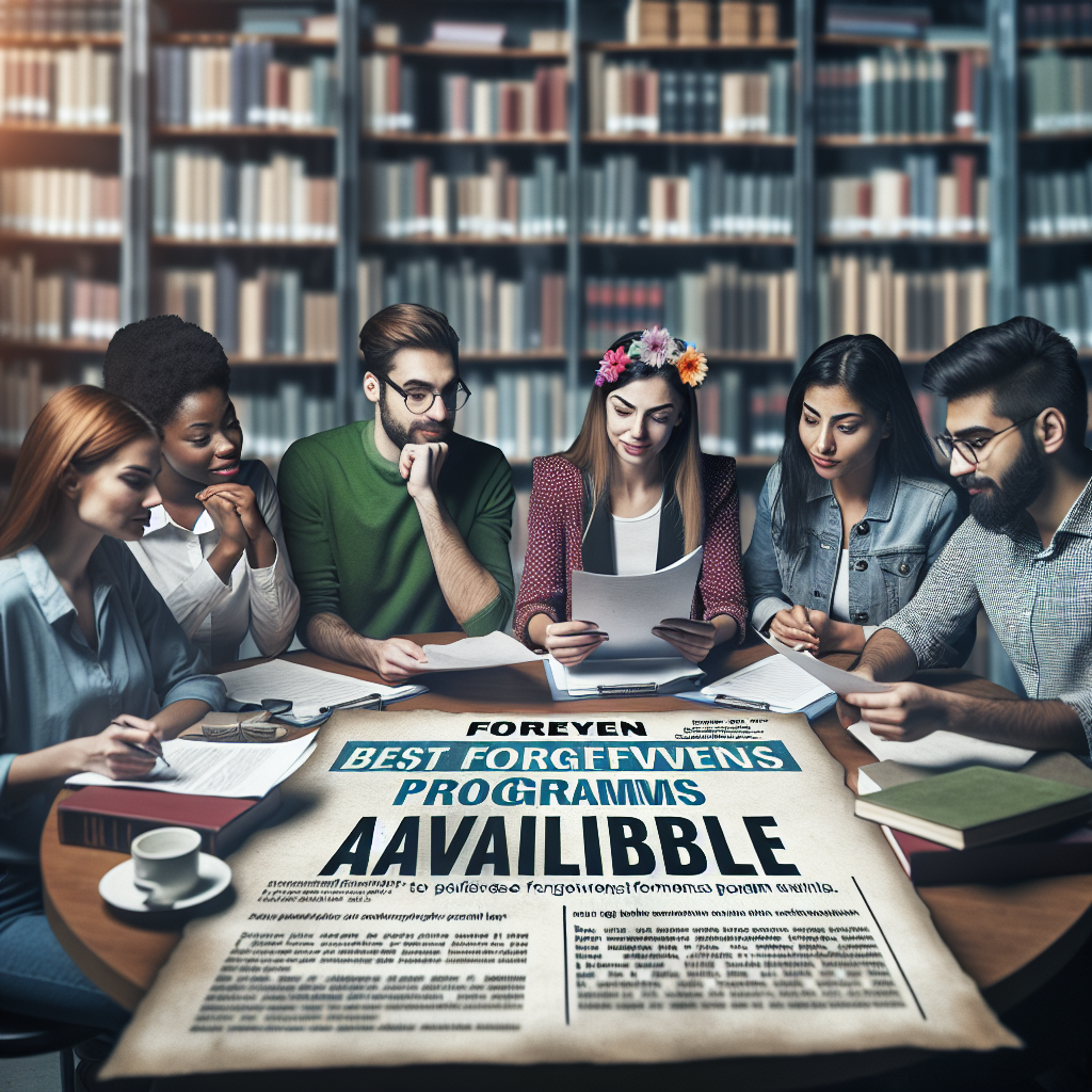 A diverse group of students from different backgrounds including a Caucasian woman, a Hispanic man, a South Asian woman, and a Middle-Eastern man, sit together at a round table, discussing and looking at documents with eagerness and relief. They're in a bright library with filled bookshelves. On the table, command words such as 'Forgiveness', 'Repayment', and 'Student Loan' are highlighted on their paperwork. Above them, an imaginary bold newspaper headline reads: 'Best Forgiveness Programs Available'. Emphasize emotions of hope and freedom.