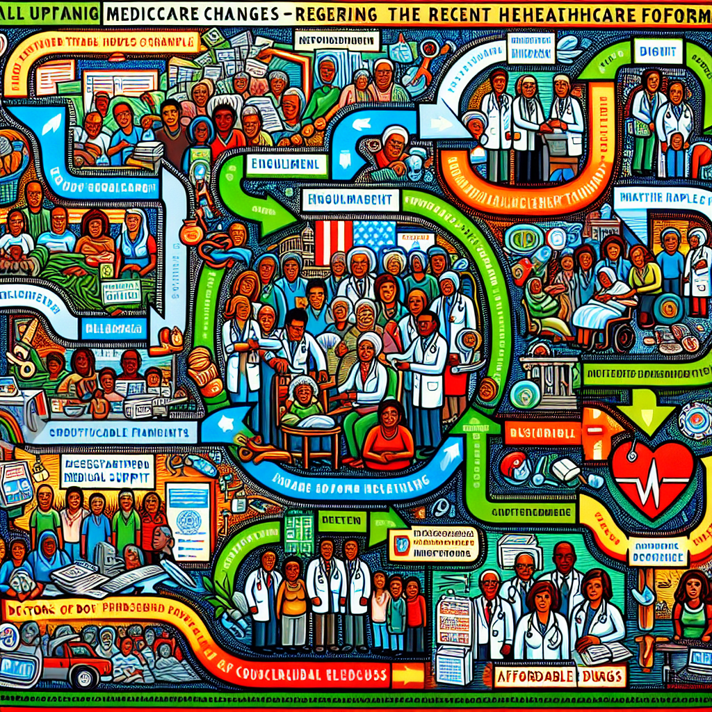 An all-encompassing visualization of Medicare changes regarding the recent healthcare reforms. Detail a large, intricate flowchart that breaks down these reforms into smaller, digestible components. On one end, represent struggling, multigenerational families from different descents such as Black, Hispanic, and Middle-Eastern. Transition to scenes showing the enrollment process, doctors of both genders and diverse descents facilitating treatment, and pharmacists administering affordable drugs. Conclude with a depiction of relieved and healthier families due to accessible medical support. Implement vibrant colors for clarity and an encouraging atmosphere.