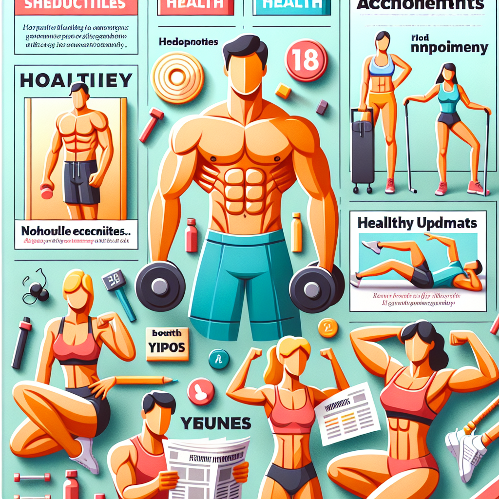 An eye-catching magazine cover themed around health, wellness and significant achievements, but without any specific celebrities. The cover features headlines about health updates and notable milestones, but maintains a degree of anonymity. This is complemented by illustrations of various svelte, robust fitness icons of different descents and genders demonstrating exercises and healthy habits. The cover exudes positivity and comes with a color palette that evokes a sense of well-being and accomplishment.