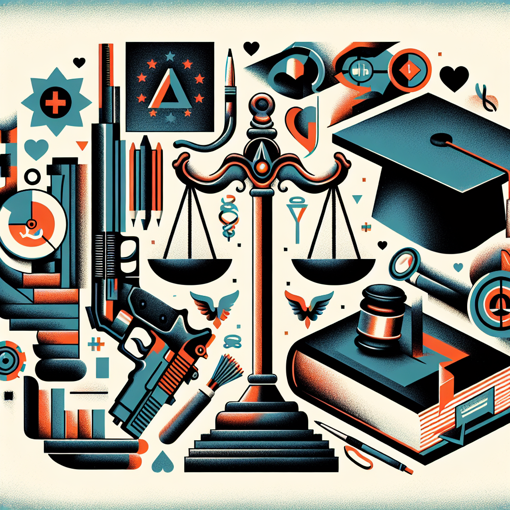 Create an illustrative collage to represent the complex relationship between controversial topics, such as abortion, gun laws, and student loans. Incorporate in the image: a symbol for medical care (like a stethoscope), a legal scale to signify law rulings, a book and a graduation cap to represent education and student loans. This abstract image should not depict any people, and should create a sense of the impact these issues have on each other and society at large. Keep the colors muted and serious, reflecting the gravity of these subjects. 