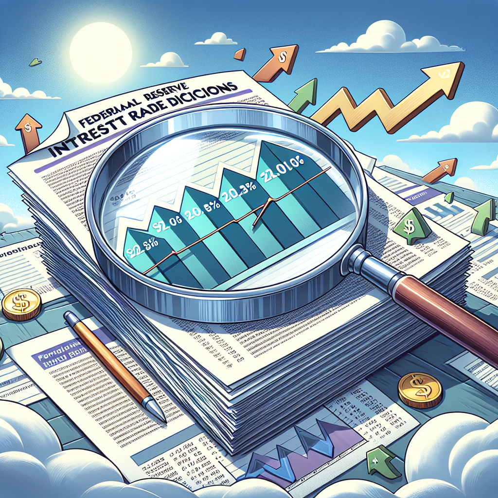 Illustration of a large magnifying glass hovering over a stack of financial documents and printouts containing data on interest rates. A noticeable portion of the papers is dedicated to 'Federal Reserve Interest Rate Decisions'. Around the main scene, optimistic economic indicators like upward-pointing arrows and plus signs are floating. The background is a sunny sky with light, fluffy clouds, signifying optimism. The overall design must radiate a sense of hopeful anticipation, making it suitable for an article about optimistic inflation forecast.