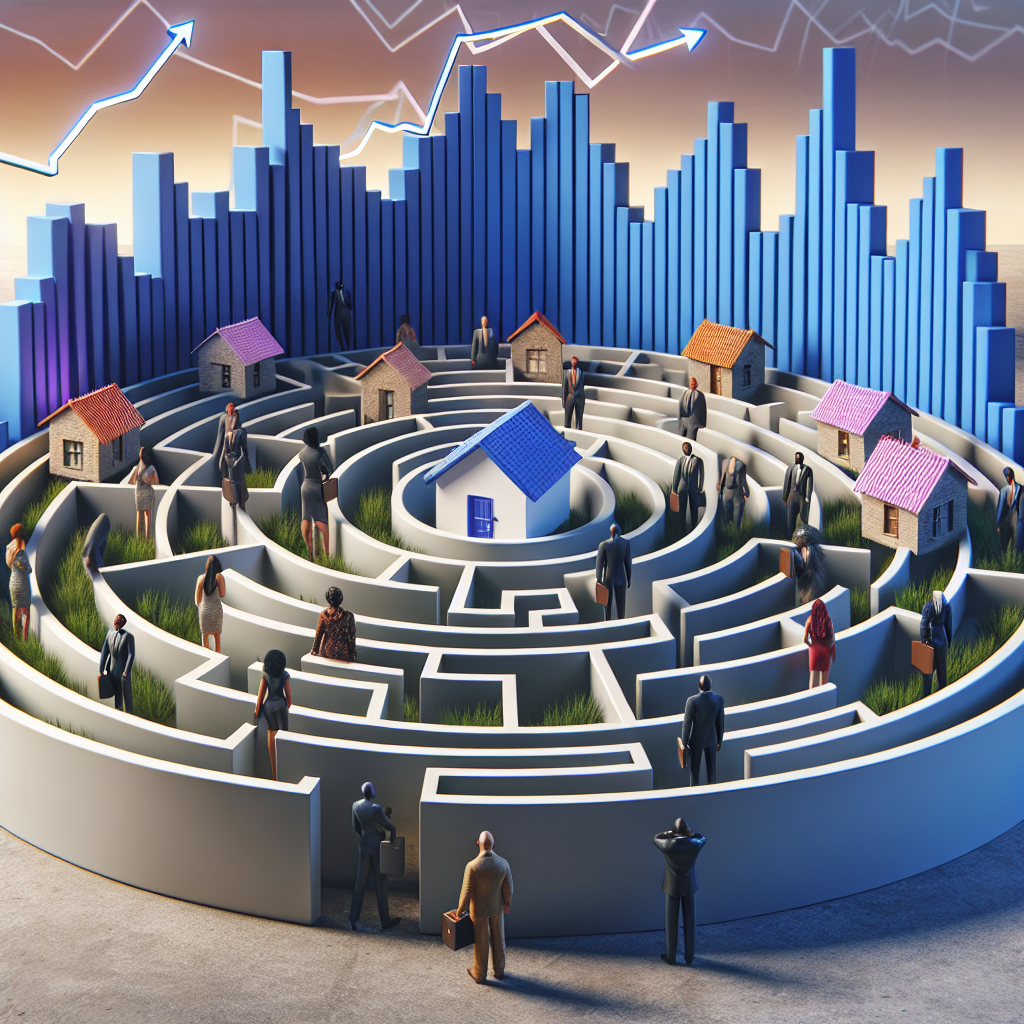 An interactive scene depicting a complex labyrinth representing the challenges in the US housing market. The labyrinth walls are made up of rising bar graphs, symbolizing climbing mortgage rates. The entrance of the maze is a small, cozy house, while the exit is a larger, more luxurious home. A diverse group of people in civilian clothes are standing at the entrance, preparing to navigate the labyrinth. They represent the potential homeowners with different descents such as Black, Caucasian, Hispanic, Middle-Eastern, and South Asian. The sky is dusk, indicating a period of change and uncertainty.