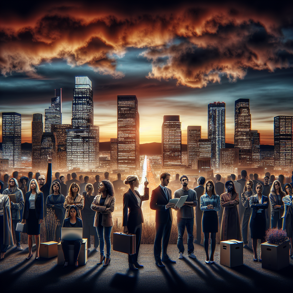 An image of an evocative cityscape at sunset. Skyscrapers, representative of tech giants, stand tall with their lights dimmed, symbolizing a temporary setback. In the foreground, a diverse group of individuals with varying descents, including Caucasian, Hispanic, Black, Middle-Eastern, and South Asian, is seen. The individuals, representing both genders, are dressed in business attire, carrying their belongings in boxes, expressing the scenario of layoffs. Amid the melancholy, one individual holds up a laptop, symbolizing the resilient spirit of the tech industry. The intensity of the evening sky mirrors the gravity of the situation.