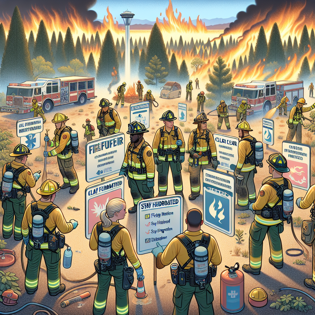 An illustrative scene of wildfire safety and prevention measures being enacted during a high heatwave. In the midground, focus on a group of firefighters of various descents and genders, suited up in protective gear, efficiently working together to extinguish a forest fire. The team should include a Caucasian female firefighter, a Black male firefighter, a South Asian female firefighter, and a Middle-Eastern male firefighter. Emphasize the urgency and team spirit. In the foreground, display signs with illustrated prevention tips such as 'Clear flammable materials', 'Stay hydrated', and 'Establish an emergency plan'. The background should depict a bright, overheated sky.