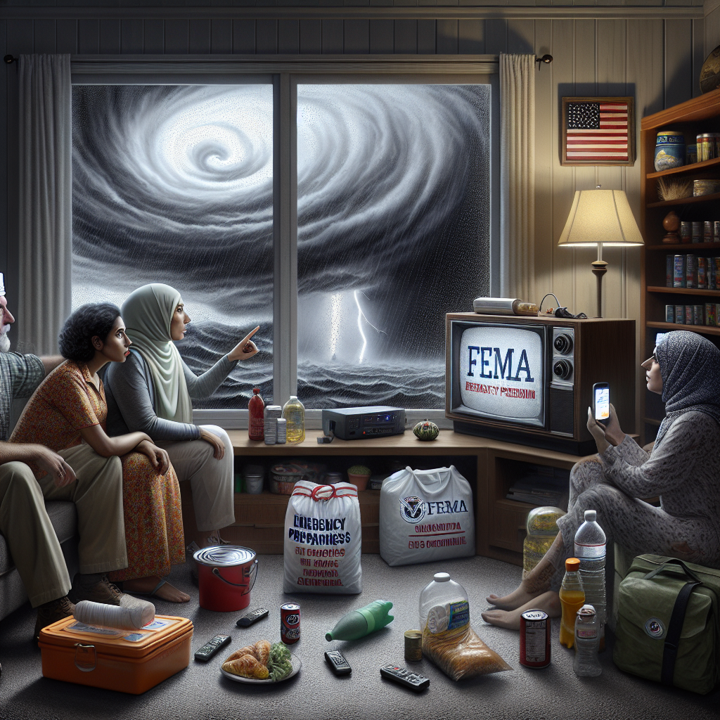 A scene capturing the importance of FEMA's emergency preparedness during the hurricane season. In this descriptive setting, a diverse group of people, including a Middle-Eastern woman and a Hispanic man, are seen attentively listening to a weather alert on the TV inside their home. They have an emergency kit visible with essential items such as canned food, bottled water, flashlights, and a battery-powered radio. Outside, the darkened grey sky is swirling with heavy rain and high velocity winds, demonstrating the imminent threat of the approaching hurricane. The image conveys the seriousness and anticipation that surrounds hurricane season.