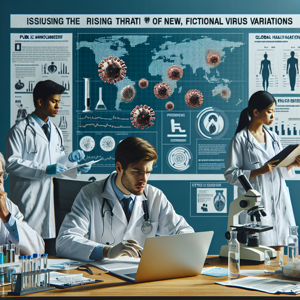 Generate an image of a fictional medical organization, resembling a global health agency, issuing a cautionary statement on the rising threat of new, fictional virus variations. The scene should showcase a diverse group of medical professionals - a Caucasian male research scientist studying the virus under the microscope, an Asian female doctor analyzing data on a computer, a Middle-Eastern male doctor preparing a public announcement, and a Black female nurse comforting a worried patient. There should be infographics on the wall detailing the spread and effects of these fictitious virus variants.