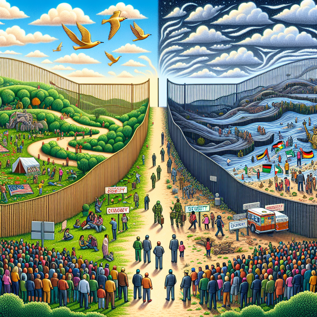 Create an elaborate and symbolic image that visualizes a shifting landscape representing changes in a generic country's immigration policy. The left side of the image should showcase a friendly image of a border represented as a beautiful, welcoming park signifying ease of entry, inclusivity and openness. Transitioning towards the right, the landscape should turn into a stronger, higher structure, signifying tightening policies, without seeming impenetrable or unfriendly. In the sky above, depict clouds morphing into words like 'security', 'changes', 'best practices'. Throughout the scenery, depict people of various descents like Caucasian, Hispanic, Black, Middle-Eastern, South Asian, demonstrating migration.