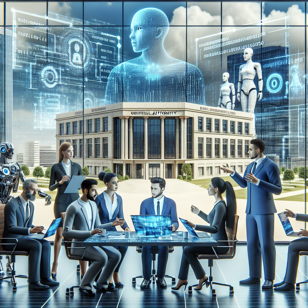A detailed rendering of a modern, futuristic office space, filled with AI technology such as humanoid robots and computers displaying complex data. A diverse range of individuals, including a Middle-Eastern male figure, a South Asian female, and a Caucasian man, are actively discussing and reviewing documents labeled 'AI Regulation'. In the background stands a building suggestive of governmental authority but distinctly does not resemble any real-life buildings. Overhead, a sky filled with digital binary code symbolizing AI implications on the policy.